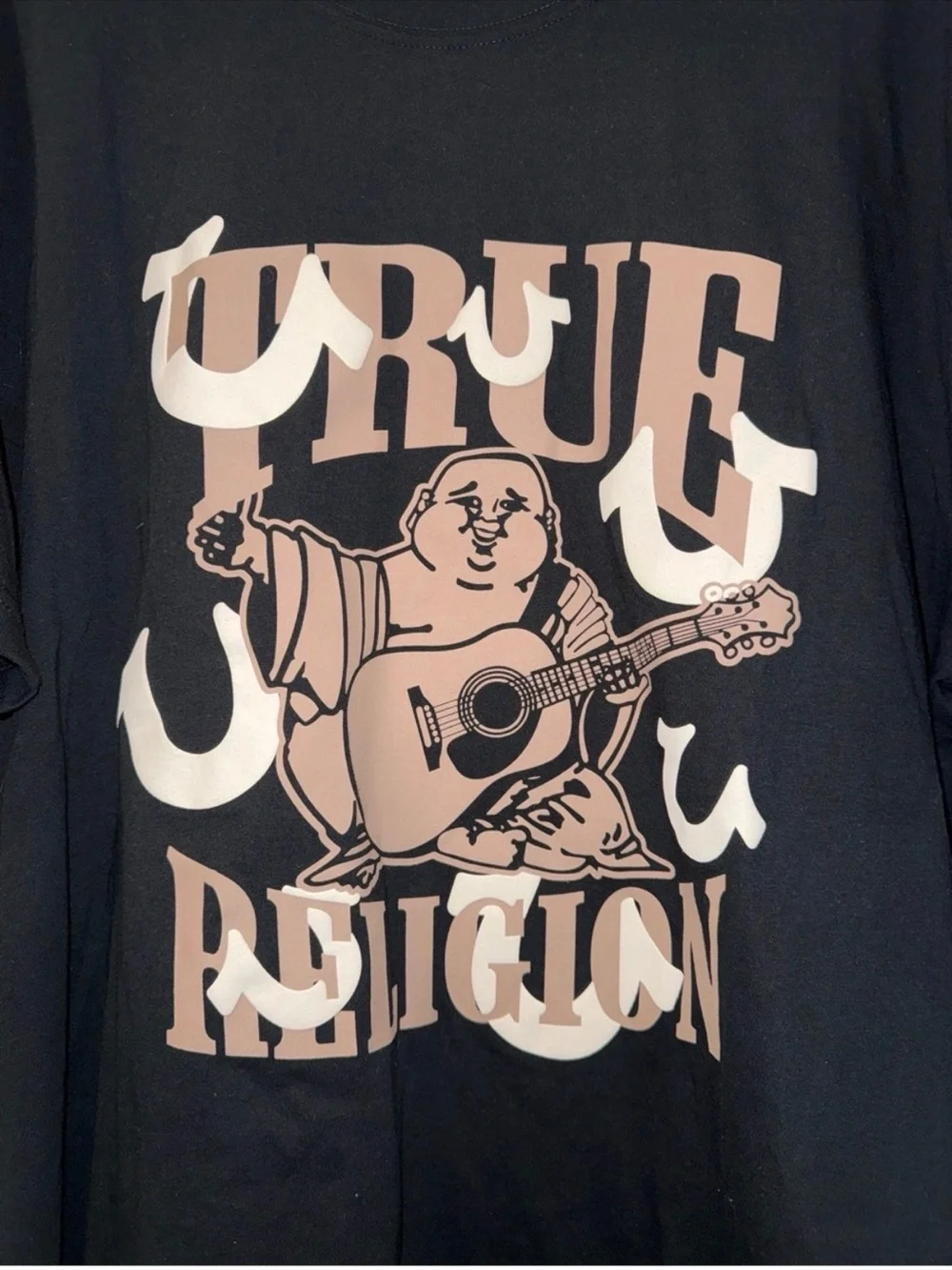 True Religion Black Tee with Beige Graphic Buddha Guitar